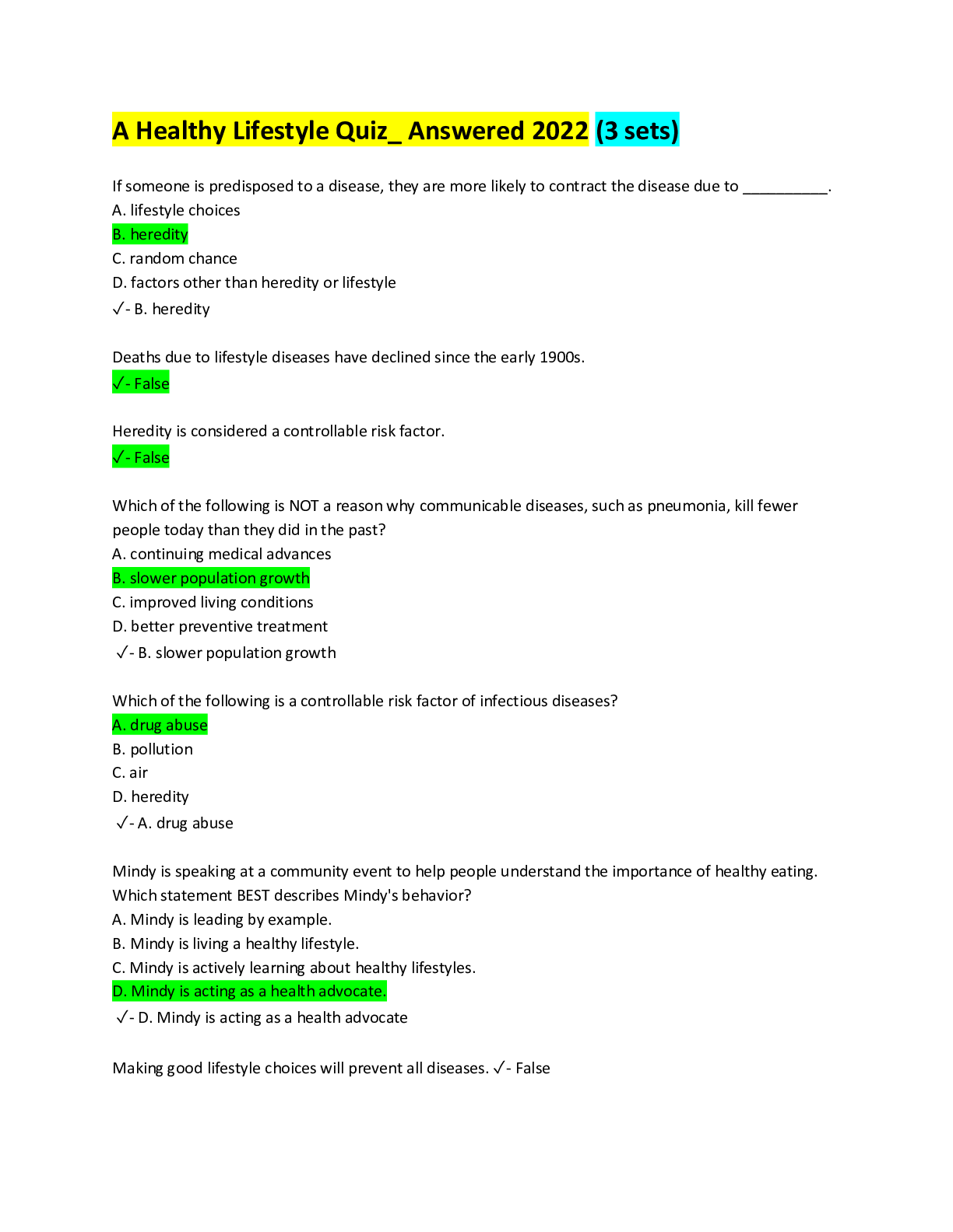 Preview image for A Healthy Lifestyle Quiz_ Answered 2022 (3 versions) Answered, Spring 2022.